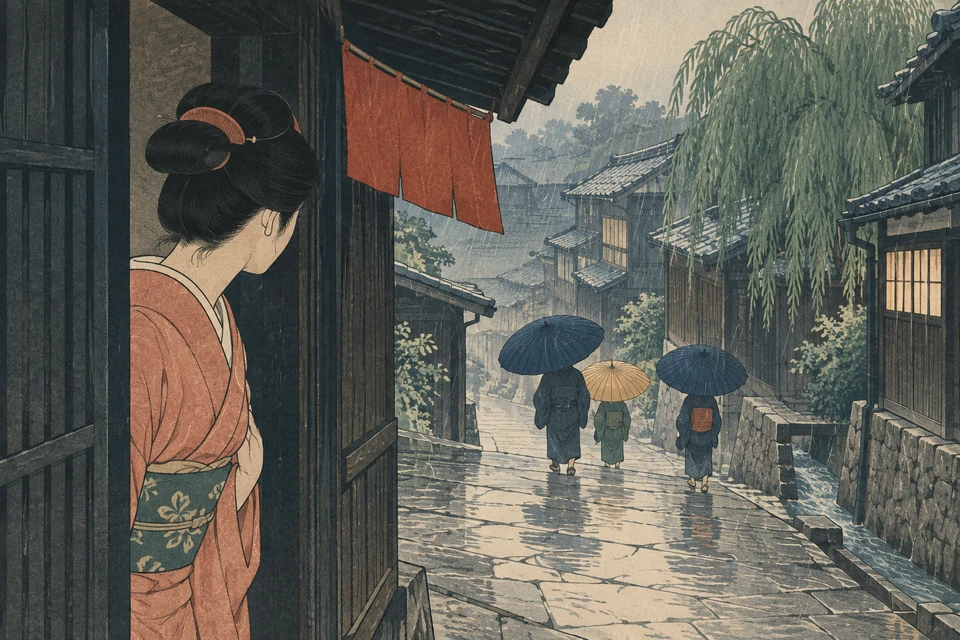 Frau in korallfarbenem Kimono links unter einer dunklen Traufe; drei Personen mit blauen und gelbem Schirm gehen eine nasse Gasse entlang.