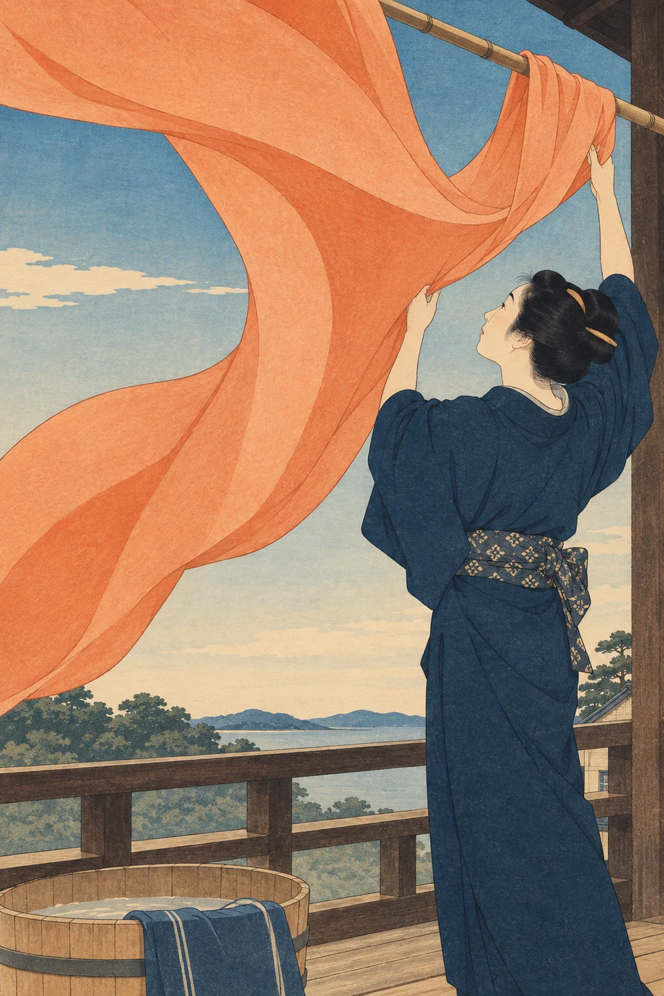 Frau in dunkelblauem Kimono hebt orangefarbenen Stoff an eine Bambusstange; links unten steht ein Holzbottich, dahinter liegt eine helle Landschaft.