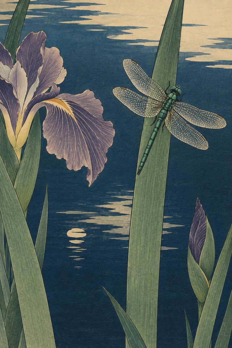 Grüne Libelle mit vier geöffneten Flügeln auf einem langen Blatt; links eine violette Irisblüte, rechts unten eine Knospe vor dunkelblauem Wasser.