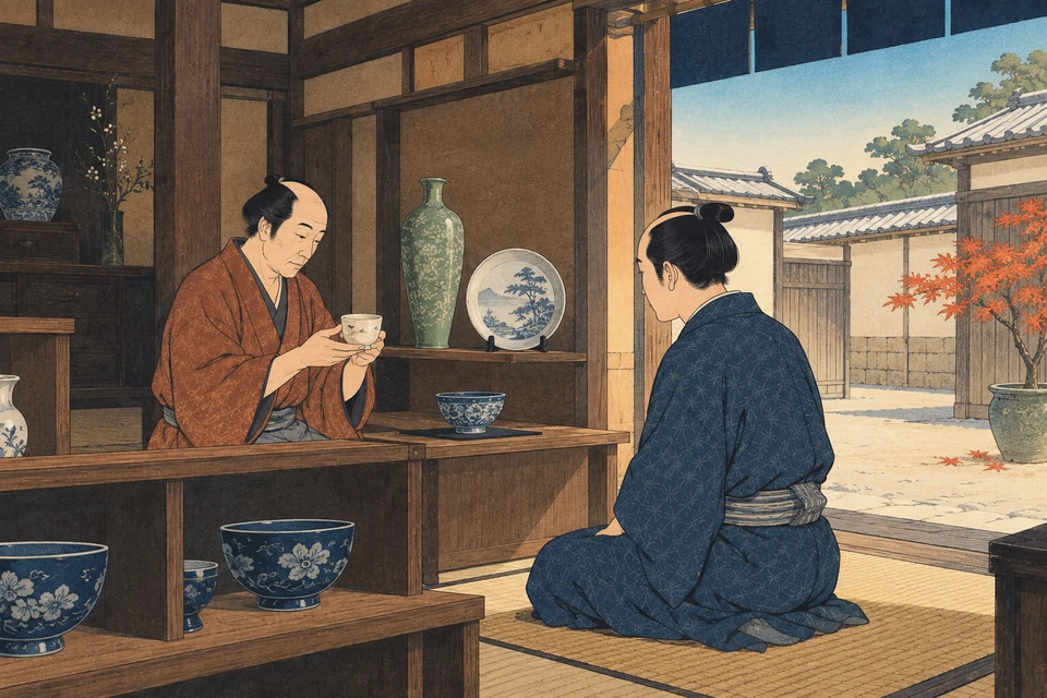 Zwei Männer in einem japanisch geprägten Keramikladen; der Händler links hält eine helle Teeschale, der Kunde sitzt rechts vor einem offenen Hof mit rotem Ahorn.