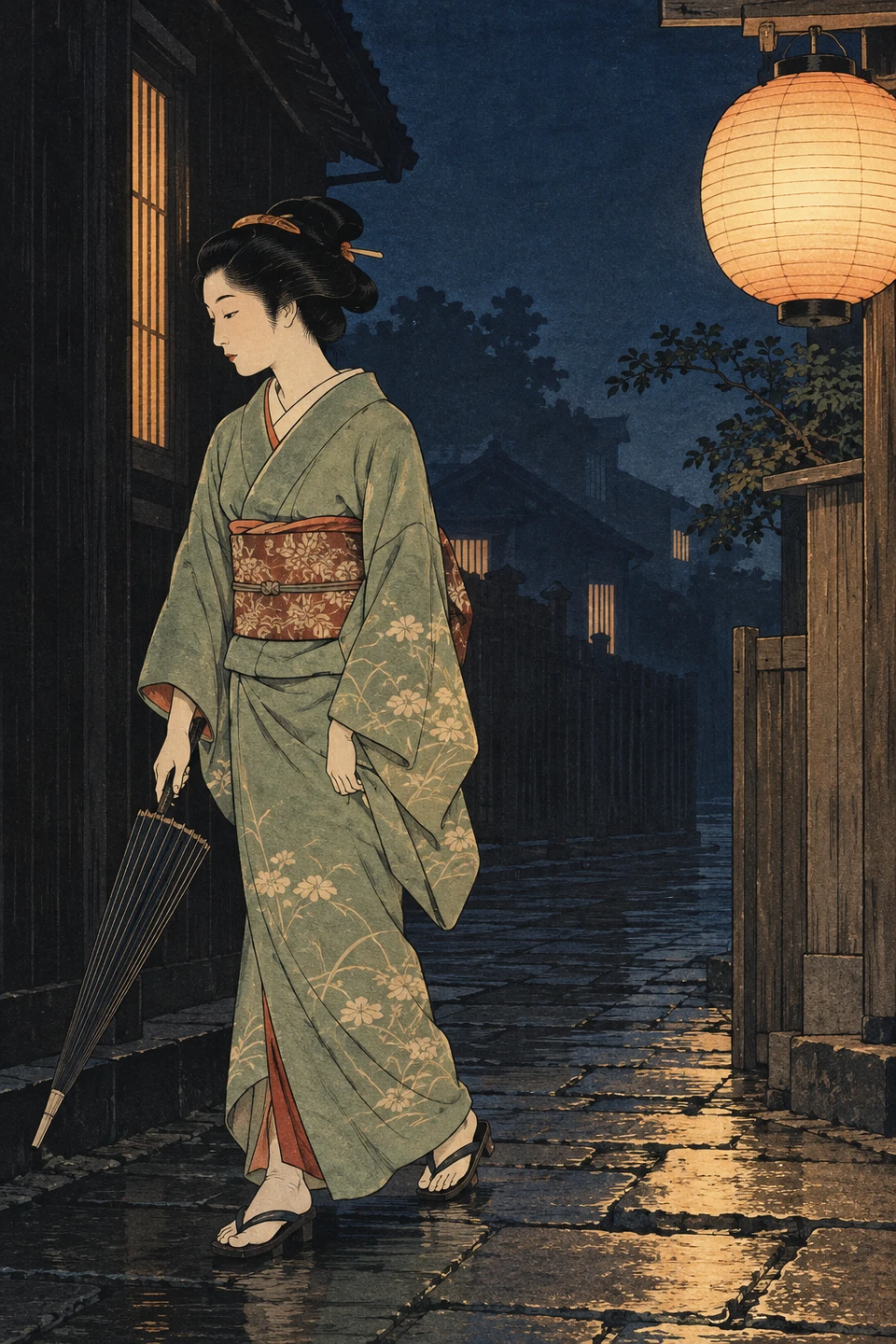 Frau in hellgrünem gemustertem Kimono mit geschlossenem Schirm in einer dunklen Gasse; große Papierlaterne oben rechts und goldene Reflexe auf den Steinen.