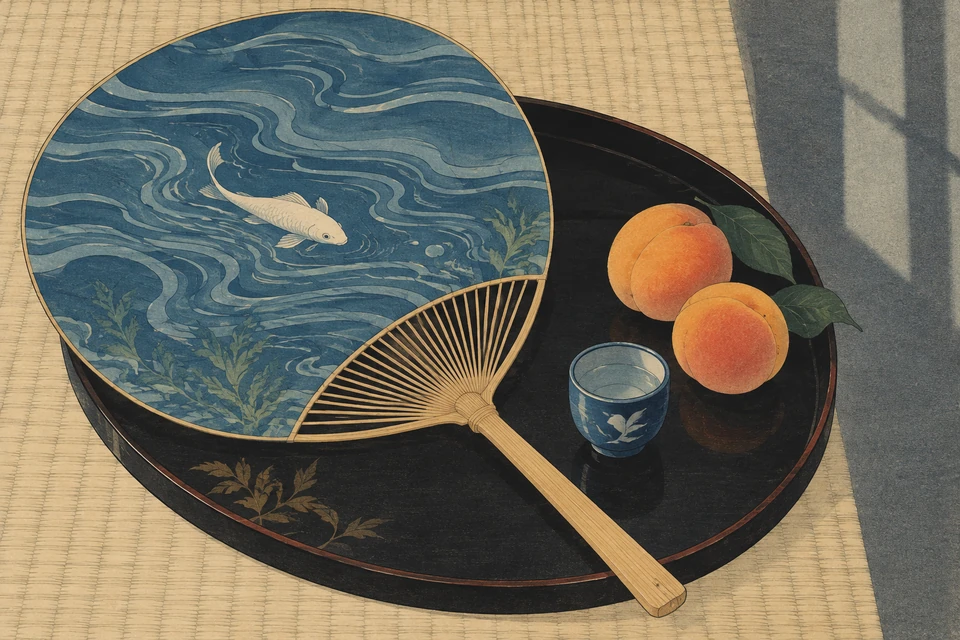 Runder Bambusfächer mit blauem Wassermuster und weißem Fisch liegt auf schwarzem Tablett neben zwei orangefarbenen Früchten und einem kleinen blauen Becher.