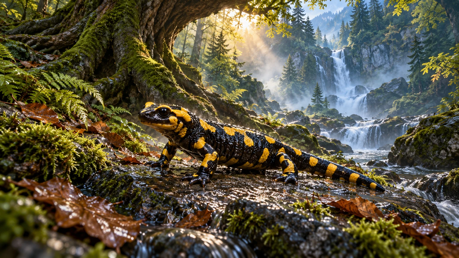 KI-Klassenbild Amphibien: Ein schwarz-gelber Feuersalamander an einem moosigen Bach vor einer dramatischen Waldkulisse.