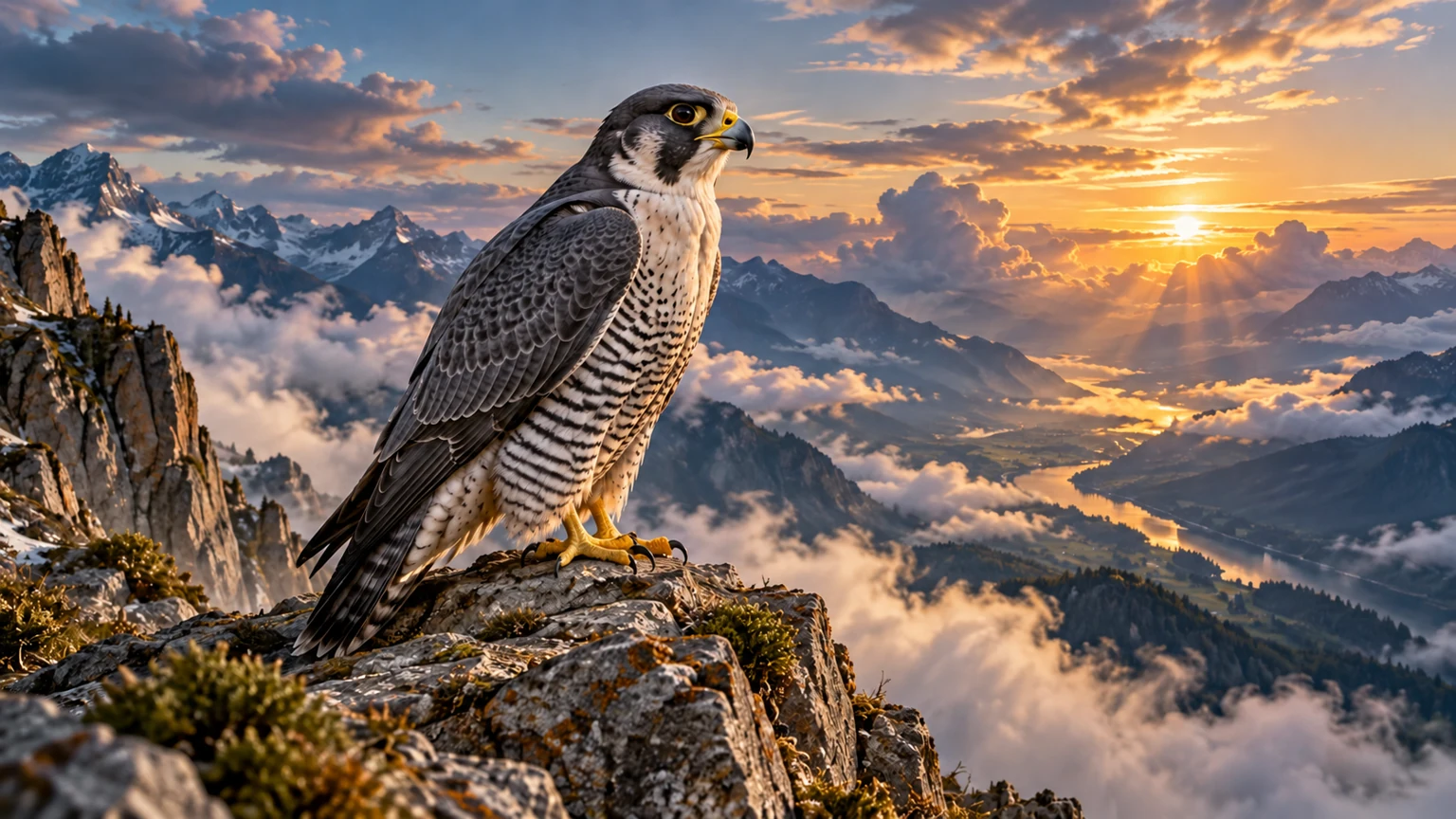 KI-Klassenbild Vögel: Ein Wanderfalke sitzt über einem weiten, von Wolken durchzogenen Gebirgstal im Sonnenaufgang.