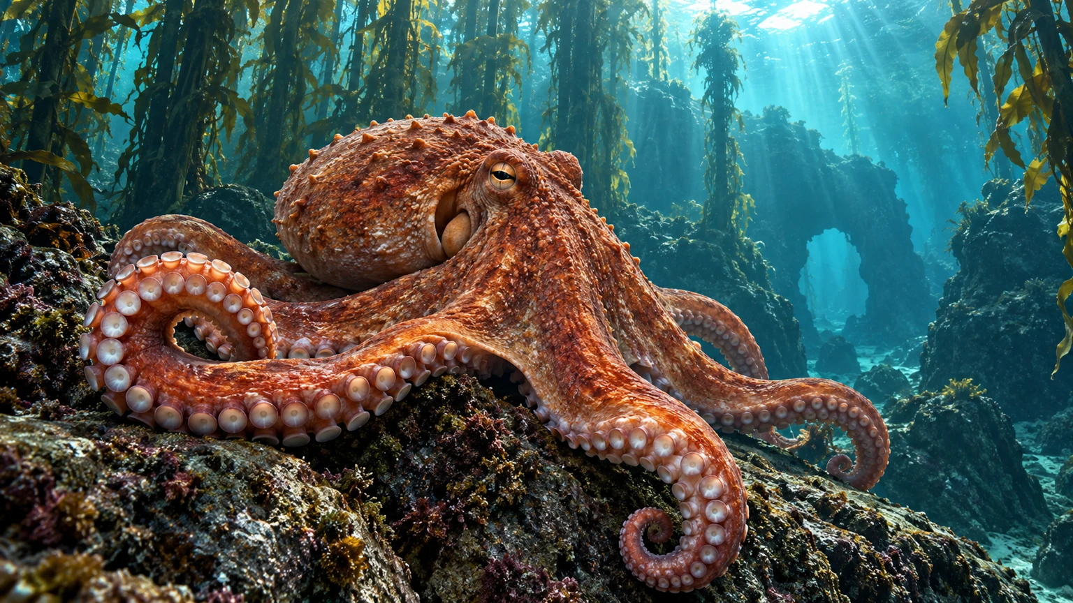 KI-Klassenbild Kopffüßer: Eine Pazifische Riesenkrake auf einem Felsvorsprung im Kelpwald.