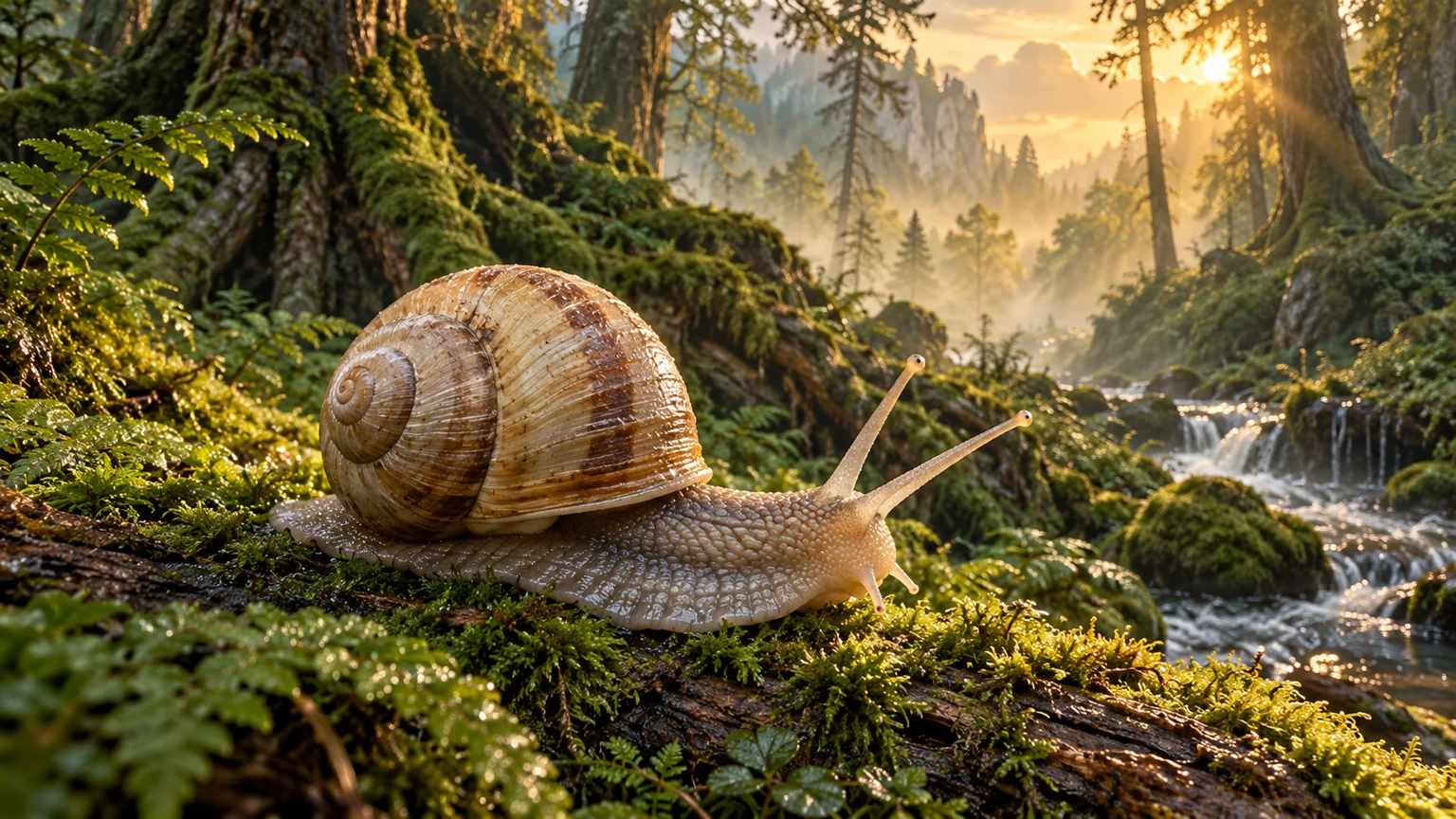 KI-Klassenbild Schnecken: Eine Weinbergschnecke auf einem moosigen Stamm in einer weiten Waldlandschaft.