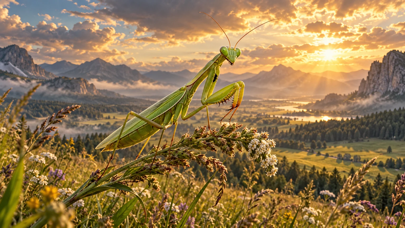 KI-Klassenbild Insekten: Eine Europäische Gottesanbeterin vor einer weiten Wiesenlandschaft im Abendlicht.