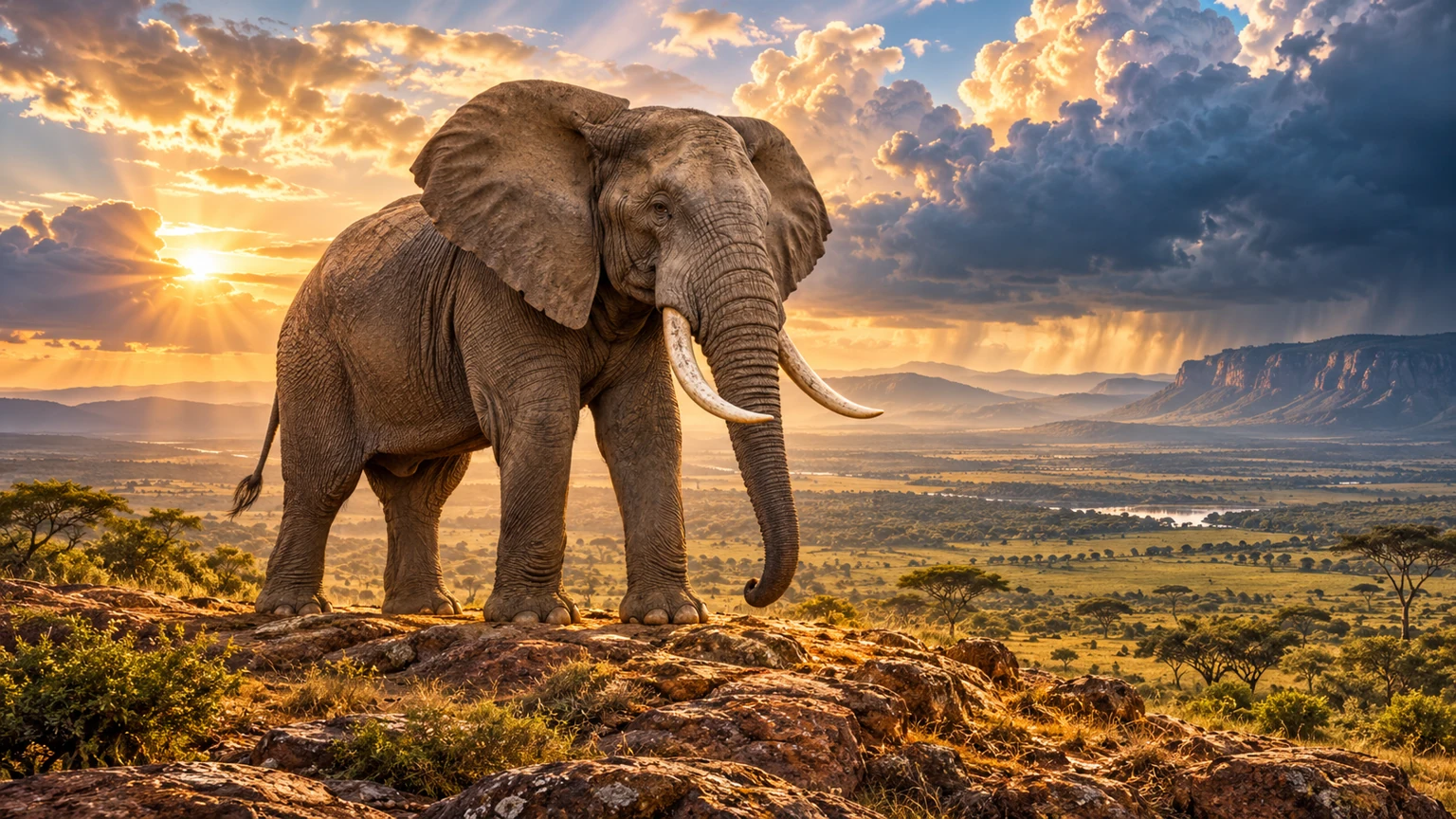 KI-Klassenbild Säugetiere: Ein Afrikanischer Savannenelefant steht vor einer weiten Savanne unter dramatisch beleuchteten Wolken.