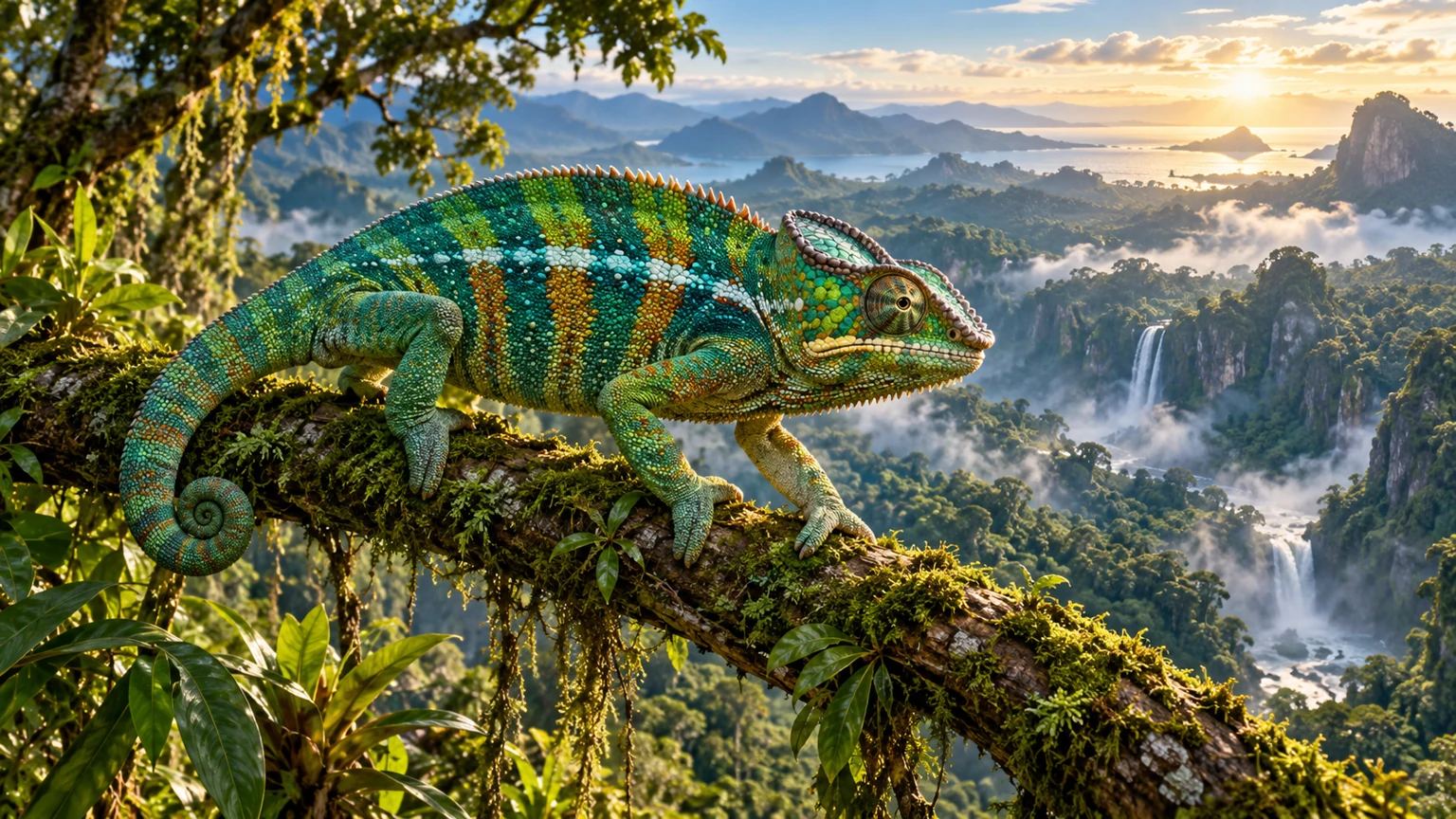KI-Klassenbild Reptilien: Ein Pantherchamäleon auf einem moosigen Ast vor einer weiten tropischen Waldlandschaft.