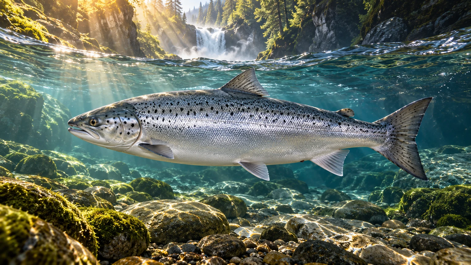KI-Klassenbild Echte Knochenfische: Ein Atlantischer Lachs im klaren Fluss vor einer bewaldeten Wasserfalllandschaft.