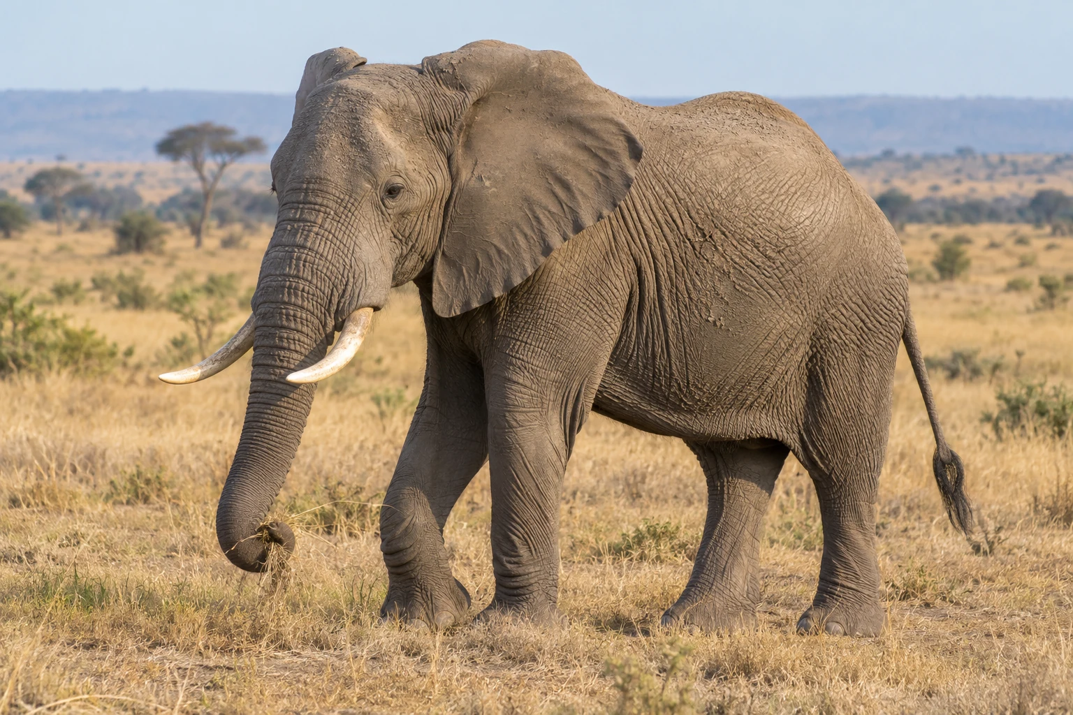 KI-Darstellung eines Afrikanischen Savannenelefanten mit großen Ohren, grauer Faltenhaut und zwei Stoßzähnen, der in trockenem Gras mit dem Rüssel ein Grasbüschel hält.