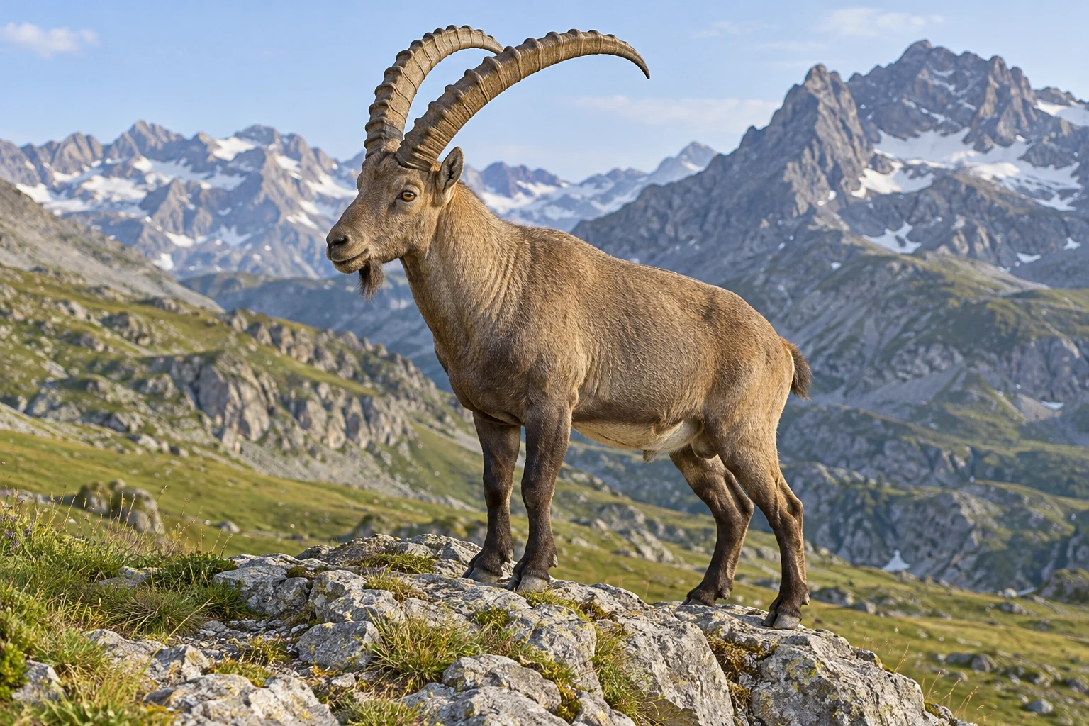 Fotorealistisch generierter Alpensteinbock mit zwei kräftigen rückwärts gebogenen Hörnern und vier gespaltenen Hufen auf einem felsigen Alpenhang.