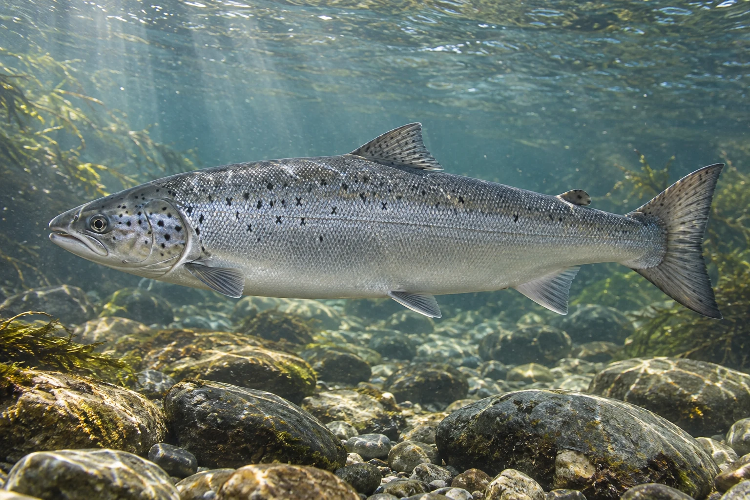Fotorealistisch generierter silbriger Atlantischer Lachs mit dunklen Flecken, Rücken- und Fettflosse über dem Kiesgrund eines klaren Flusses.