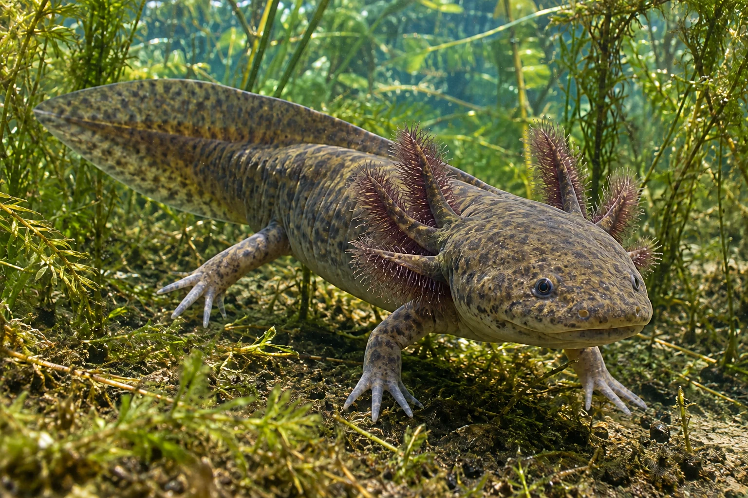 Fotorealistisch generierter dunkel gefleckter Axolotl mit äußeren Kiemenästen zwischen Wasserpflanzen.