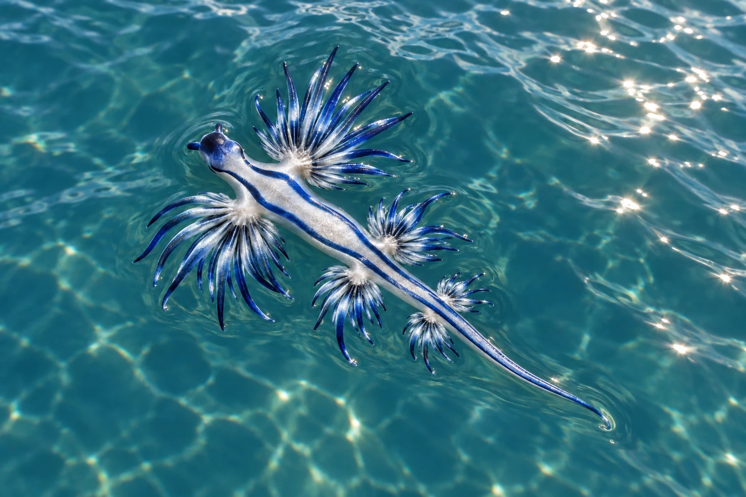 Blauer Drache von oben an der Wasseroberfläche mit blau-silbriger nach oben gerichteter Bauchseite, drei Paar fächerförmiger Cerata-Gruppen und langem schmalem Schwanz.