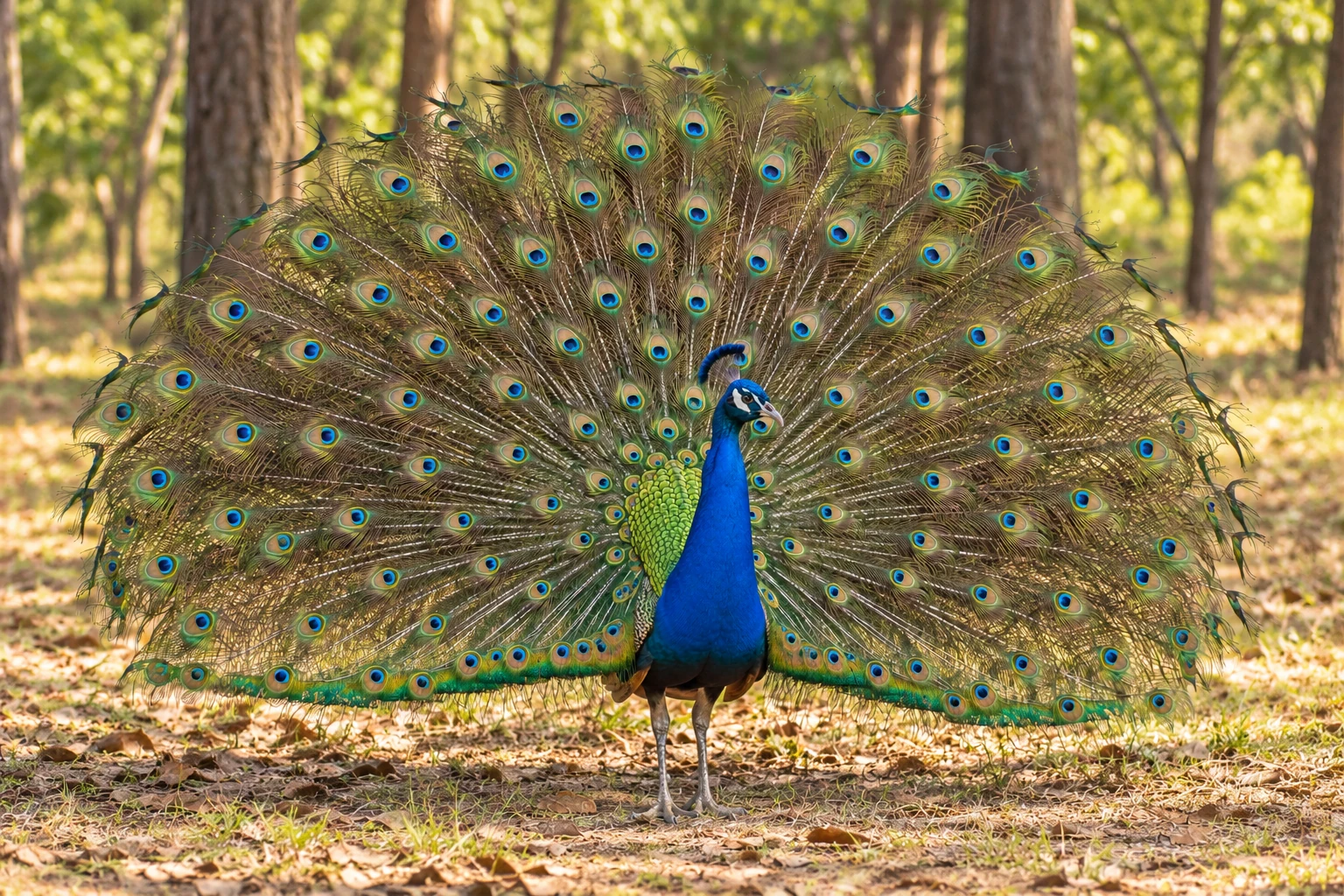 Fotorealistisch generierter männlicher Blauer Pfau mit blauem Hals, Federhaube und vollständig ausgebreitetem Federrad mit Augenflecken auf einem lichten Waldboden.