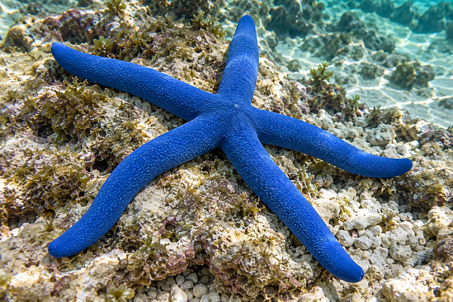 Blauer Seestern mit fünf langen, rund endenden Armen und fein gekörnter blauer Oberseite auf bewachsenem Korallenkalk in einer flachen Riffszene.