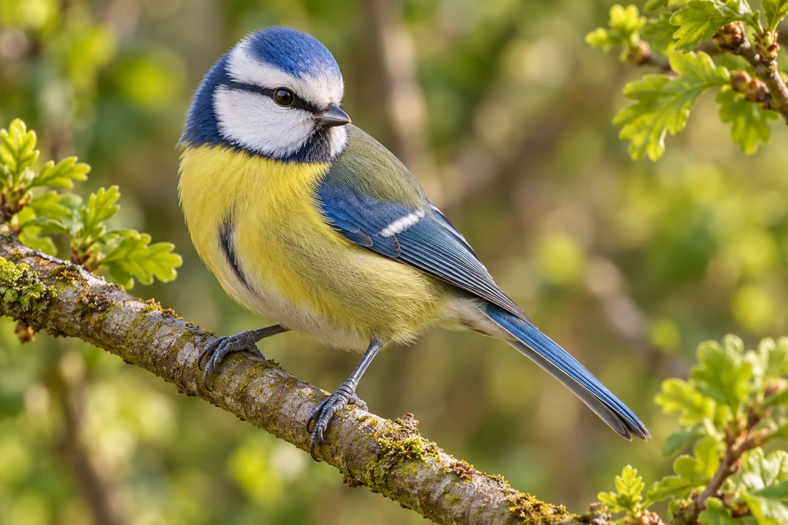 Fotorealistisch KI-generierte Blaumeise mit blauem Scheitel, weißer Wange und gelber Unterseite auf einem dünnen Laubbaumzweig.