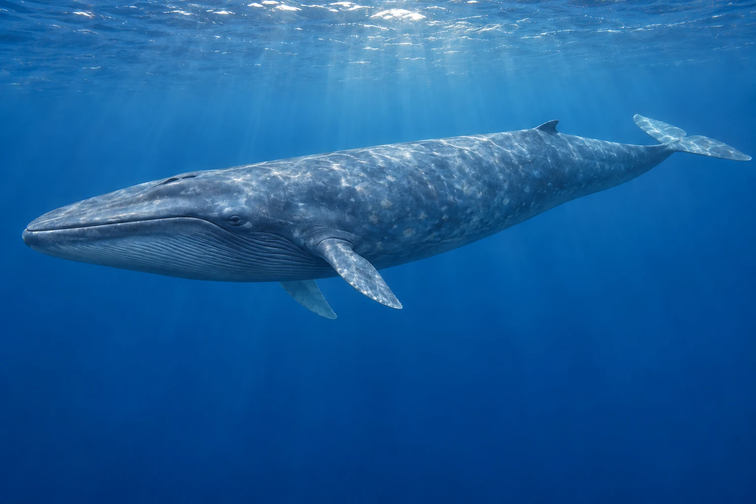 Fotorealistisch KI-generierter Blauwal mit langem graublau geflecktem Körper, breitem Kopf und kleiner weit hinten liegender Rückenflosse im offenen Meer.