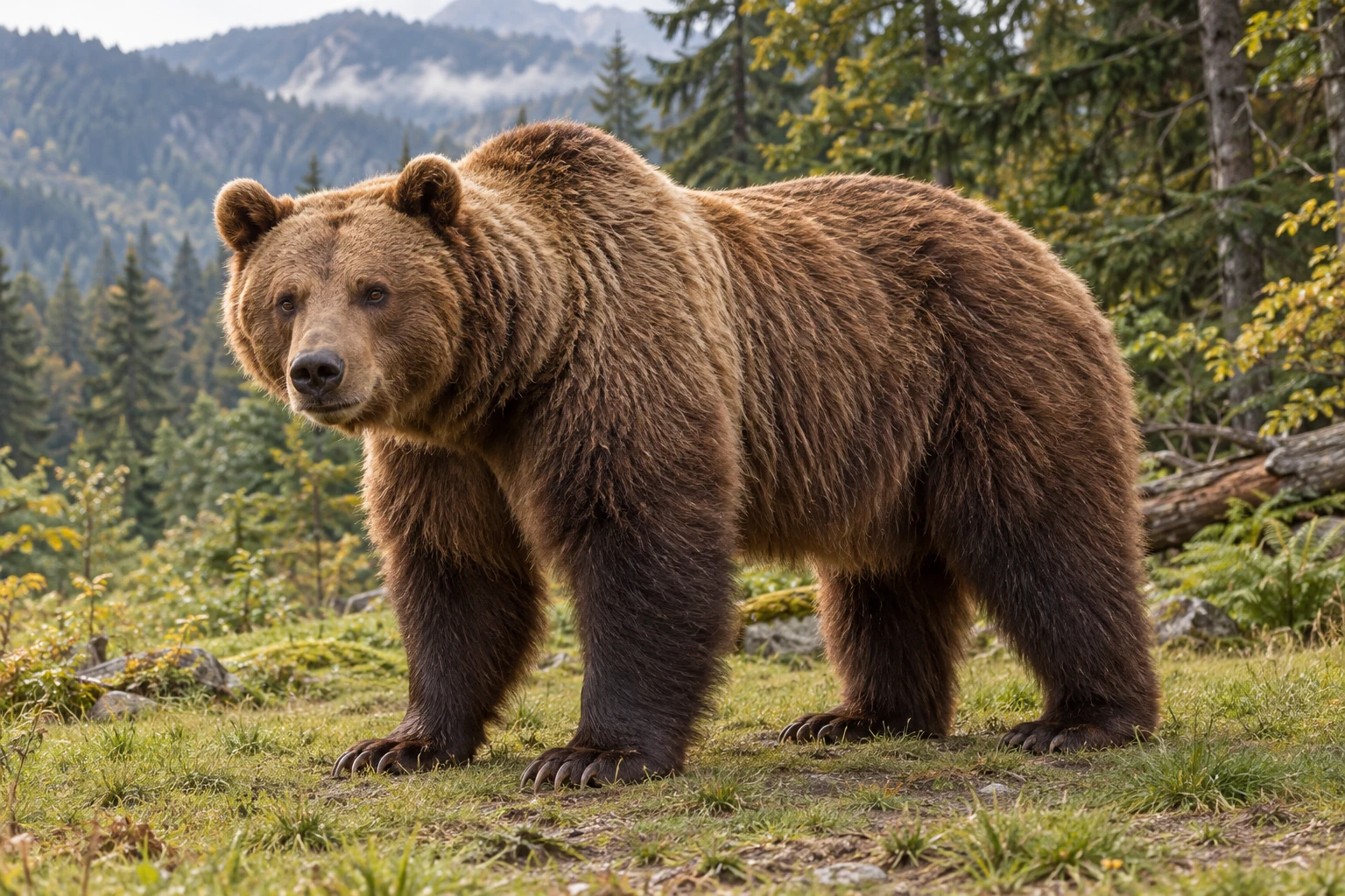 Fotorealistisch KI-generierter Braunbär mit kräftigem Schulterbuckel und braunem Fell auf einer Lichtung am Rand eines Bergwaldes.