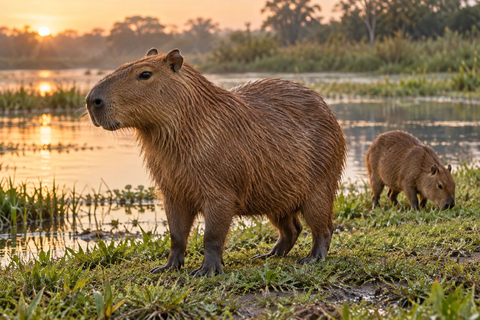 Fotorealistisch KI-generiertes Capybara mit stumpfer Schnauze, kleinen runden Ohren, grobem braunem Fell und kräftigen Beinen am grasbewachsenen Gewässerufer; dahinter grast ein Jungtier.