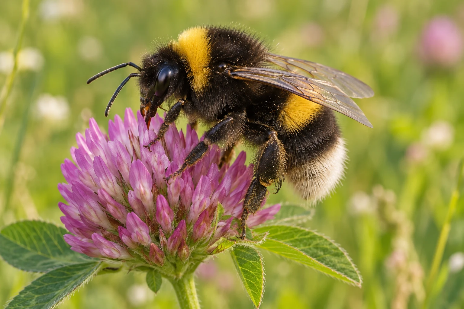 Fotorealistisch KI-generierte weibliche Dunkle Erdhummel auf einer violettrosa Rotkleeblüte, mit dichtem schwarzem Pelz, zwei goldgelben Binden, hellem Hinterleibsende und durchscheinenden Flügeln.