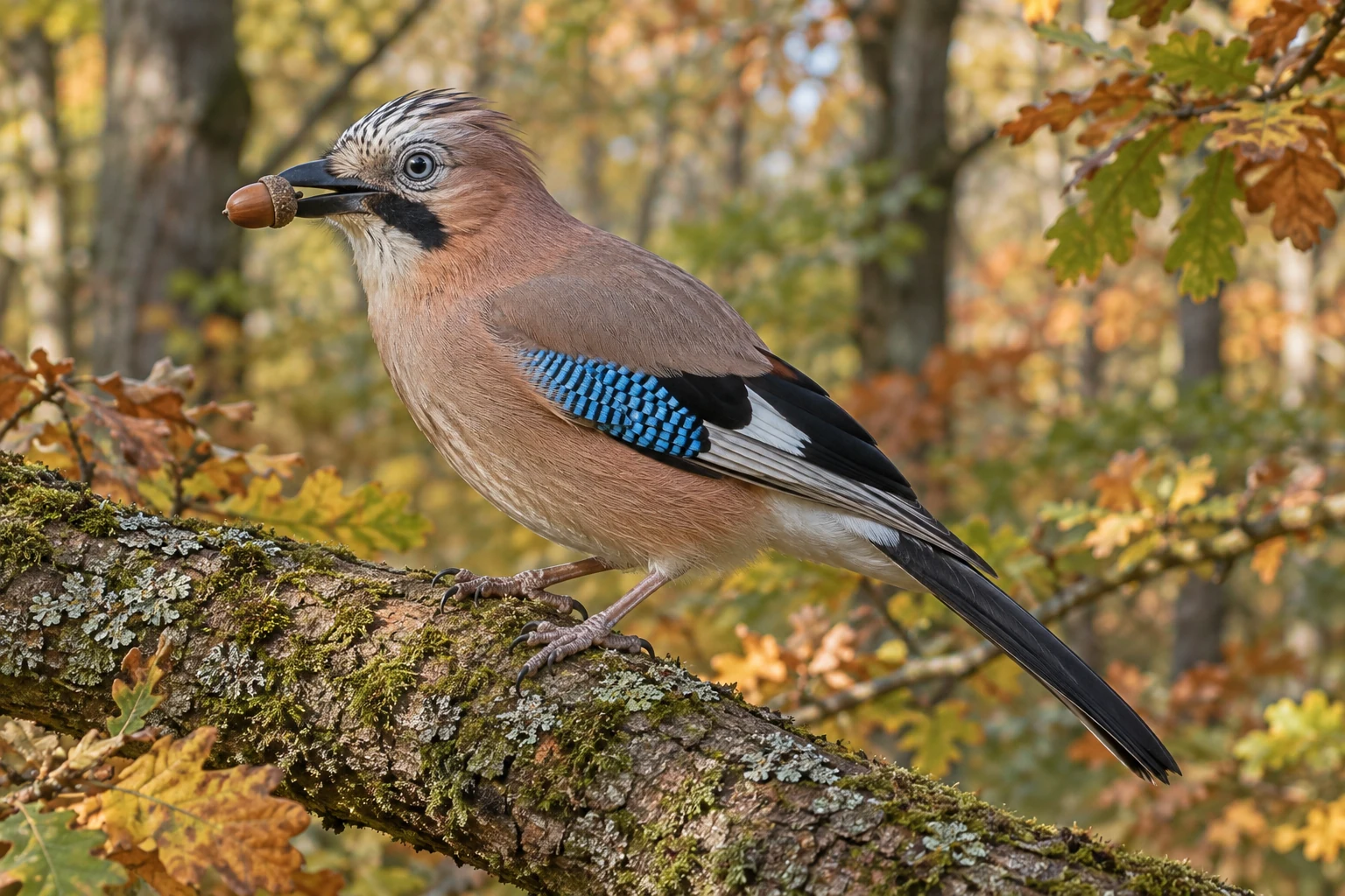 Fotorealistisch KI-generierter Eichelhäher mit rosabraunem Gefieder, schwarzem Bartstreif und blau-schwarz gebändertem Flügelfeld, eine Eichel im Schnabel auf einem Eichenast.