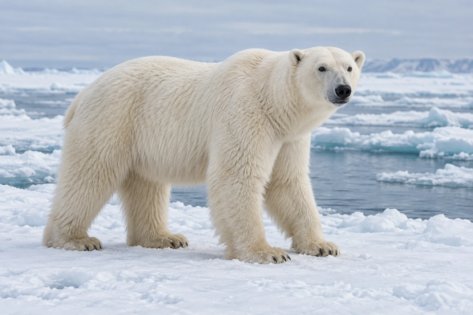 Fotorealistisch KI-generierter erwachsener Eisbär mit cremeweißem Fell und breiten Pfoten auf verschneitem Meereis.