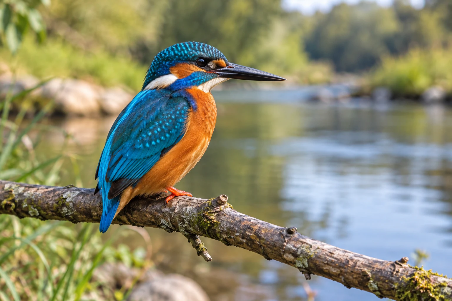 Fotorealistisch generierter männlicher Eisvogel mit blauem Rücken, orangefarbener Brust und dunklem Schnabel über einem Fluss.