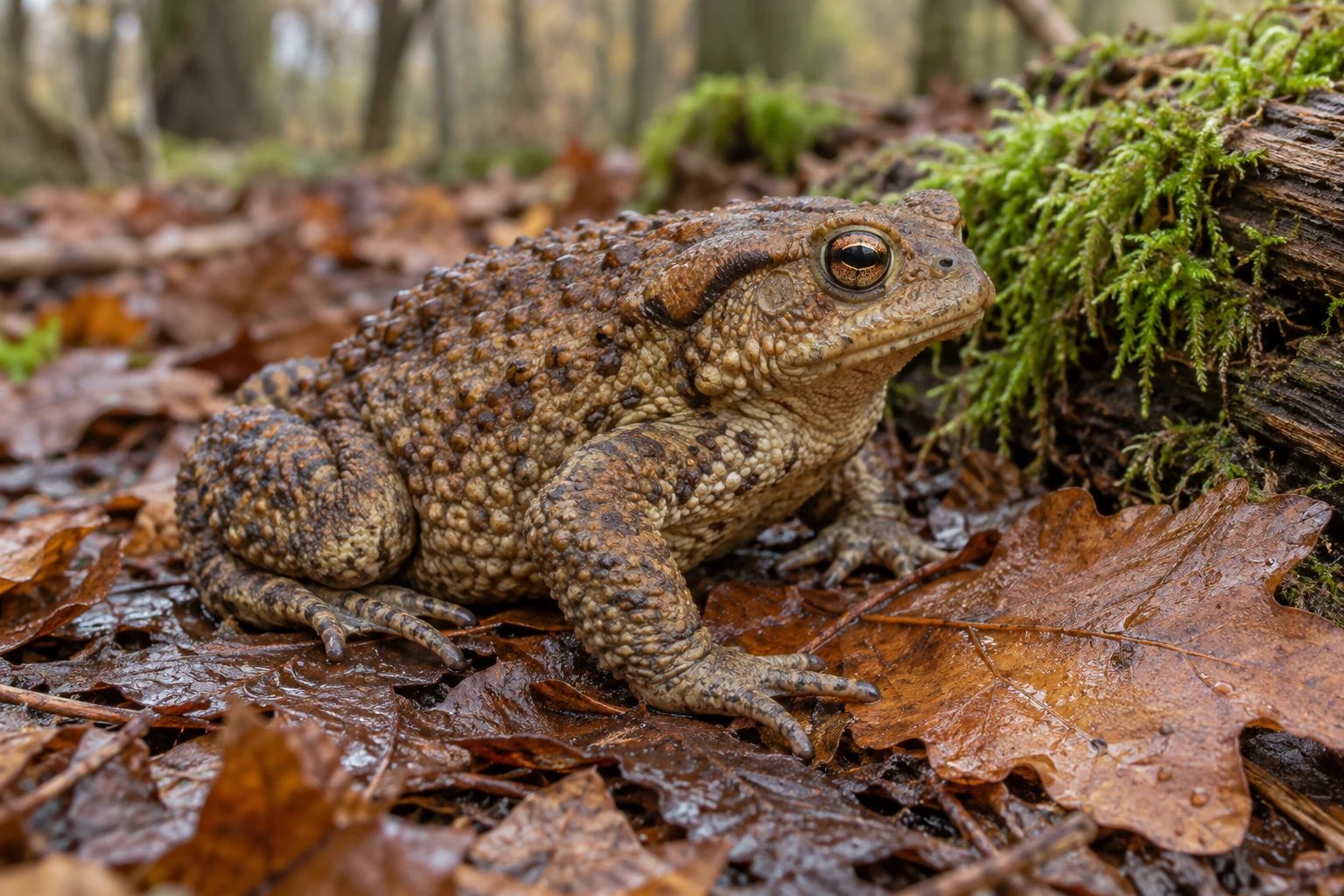 KI-Darstellung einer braunen Erdkröte mit warziger Haut, kupferfarbenem Auge und großem Drüsenwulst hinter dem Auge auf feuchtem Waldlaub.