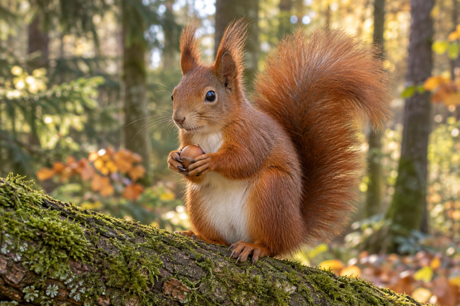 Fotorealistisch KI-generiertes rotes Eurasisches Eichhörnchen mit hellem Bauch, Ohrpinseln und buschigem Schwanz auf einem moosigen Ast, eine Haselnuss in den Vorderpfoten.