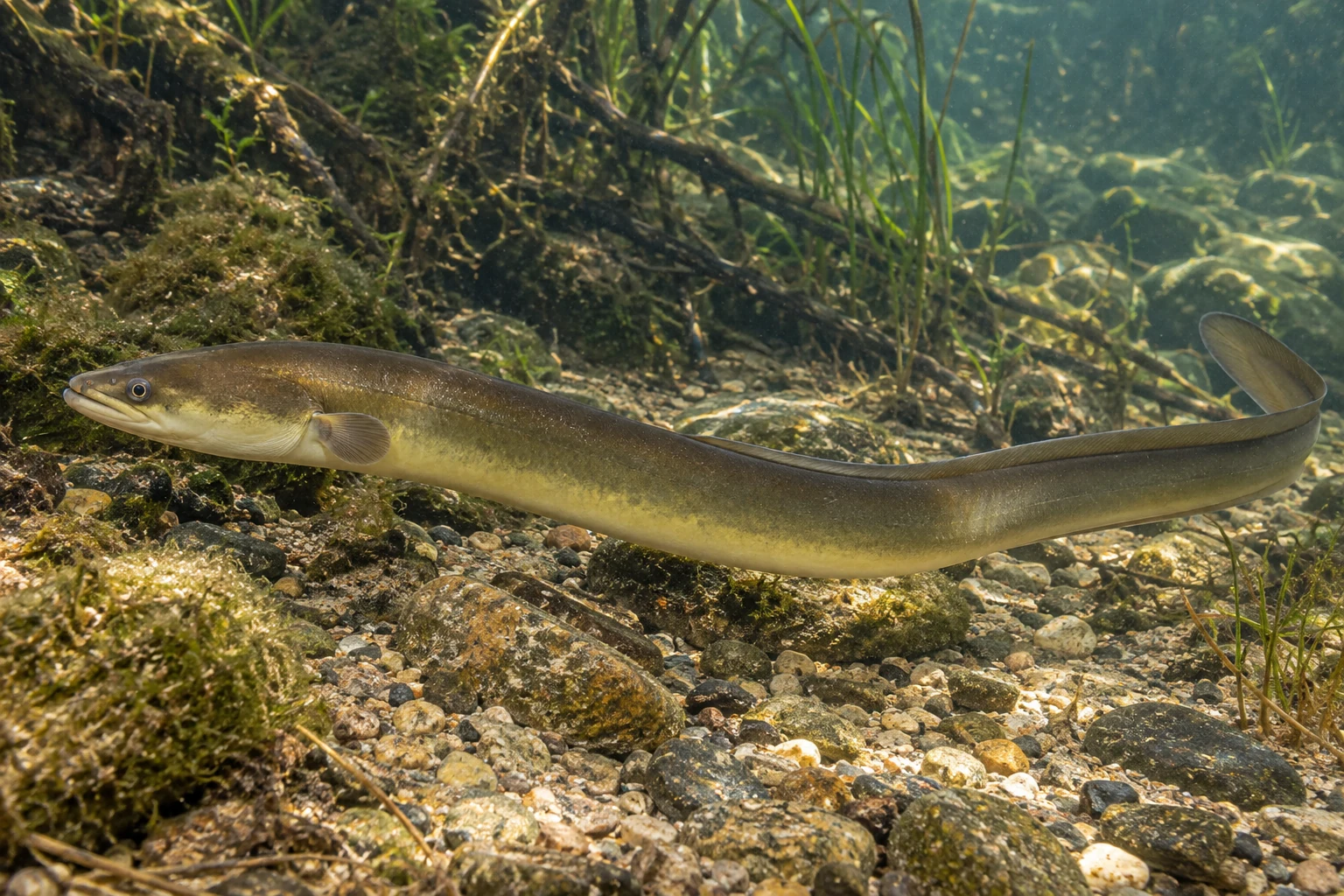 KI-Darstellung eines olivbraunen Europäischen Aals mit heller Unterseite und kleiner Brustflosse über einem steinigen Flussgrund.
