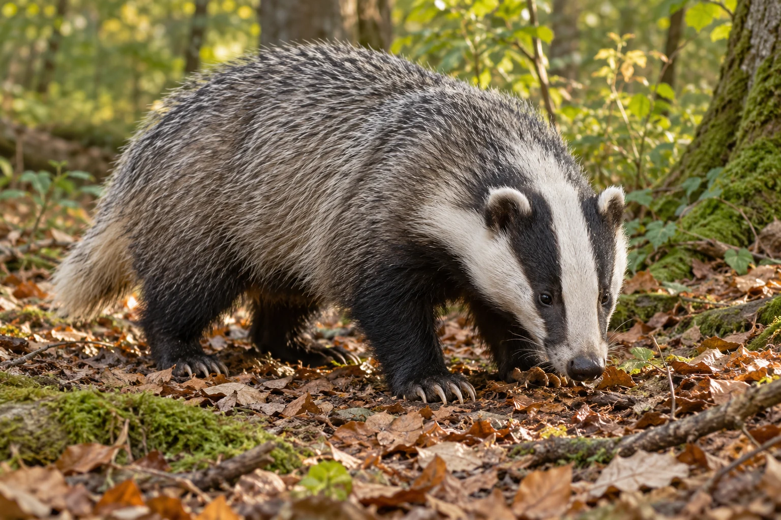 Fotorealistisch KI-generierter Europäischer Dachs mit schwarz-weißen Kopfstreifen, grauem Rücken und kräftigen Grabpfoten am Rand eines Laubwalds.