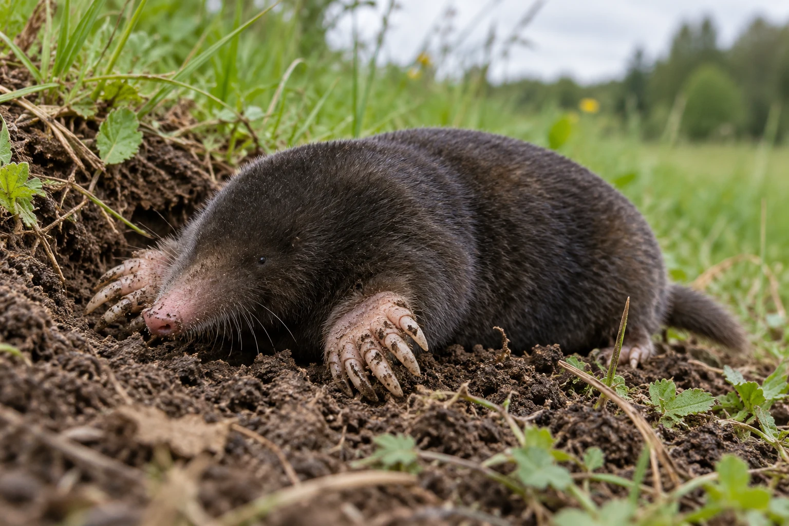 Fotorealistisch generierter Europäischer Maulwurf mit dunklem Samtfell, winzigen Augen, rosafarbener Schnauze und breiten Vorderhänden an einer kleinen Erdöffnung.