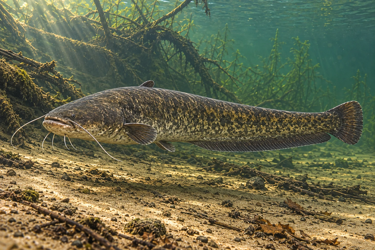 Fotorealistisch KI-generierter Europäischer Wels mit breitem Kopf, Barteln und langem marmoriertem Körper über einem sandigen Süßwassergrund.