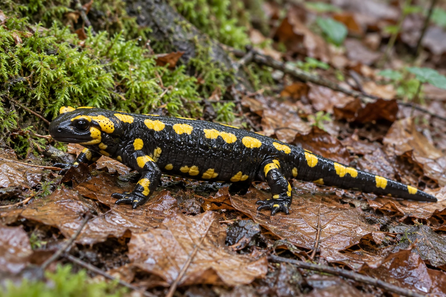 KI-Darstellung eines schwarz-gelb gefleckten Feuersalamanders mit breitem Kopf, kurzen Beinen und langem Schwanz auf feuchtem Buchenlaub neben Moos.