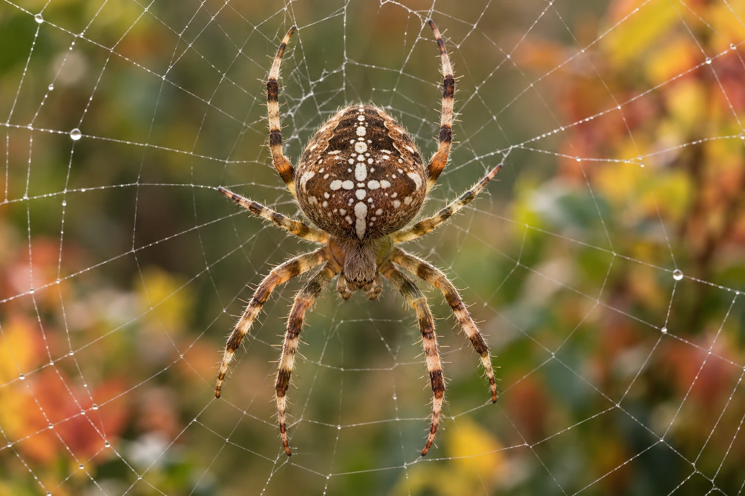 KI-Darstellung einer Gartenkreuzspinne von oben mit weißen Kreuzflecken auf braunem Hinterleib und acht geringelten Beinen im Zentrum eines Radnetzes.