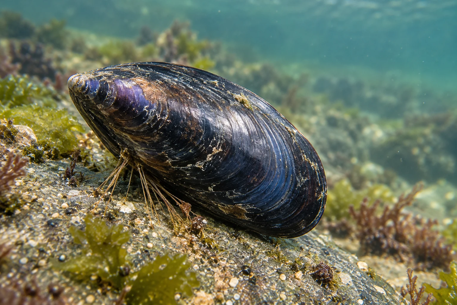 Dunkelblaue längliche Miesmuschel mit konzentrischen Wachstumslinien; feine braune Byssusfäden verankern sie an einem Felsen unter Wasser.
