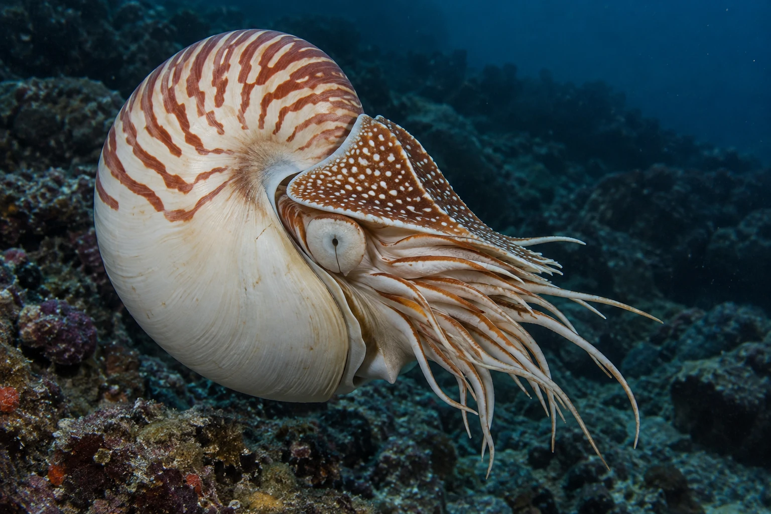 Fotorealistisch KI-generierter Nautilus über einem dunklen Riffhang: cremefarbene Spiralschale mit braunen Streifen, gefleckte Kopfkappe, kleines dunkles Augenloch und viele feine Tentakel.