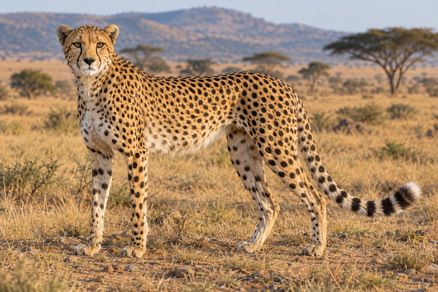 Fotorealistisch KI-generierter Gepard mit langen schlanken Beinen, ausgefüllten dunklen Flecken und schwarzen Tränenstreifen in einer offenen Savannenlandschaft.