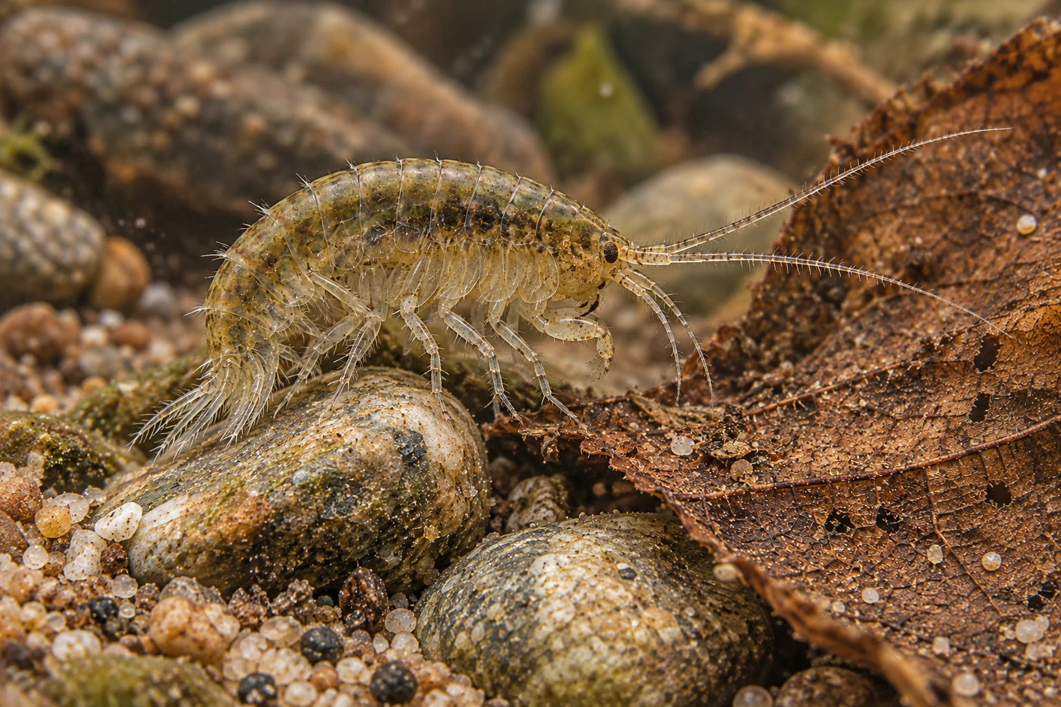 Gewöhnlicher Flohkrebs in Seitenansicht auf kleinen Steinen neben einem braunen Blatt, mit gekrümmtem durchsichtig-braunem Körper, zwei Fühlerpaaren und vielen gegliederten Anhängen.