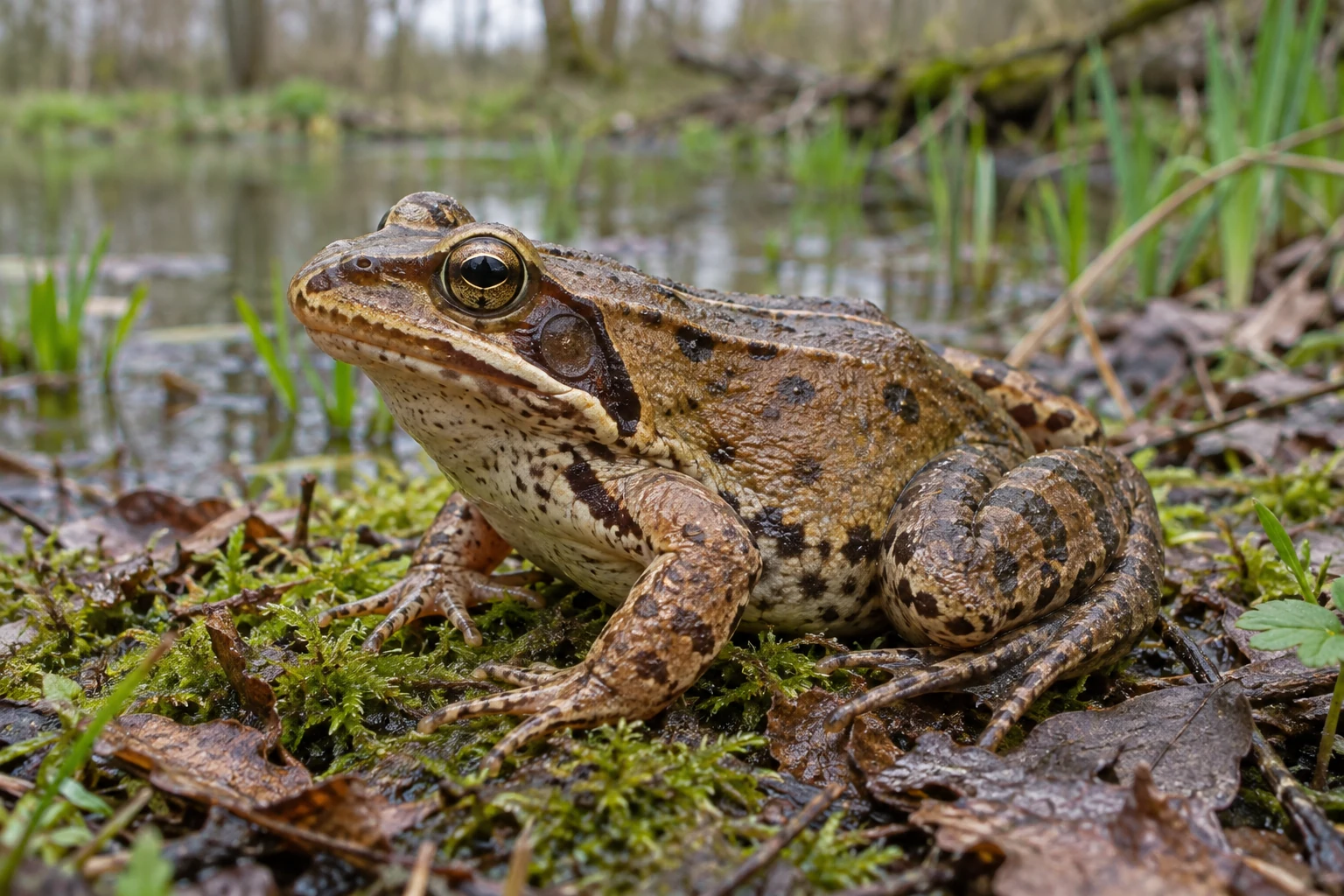 Fotorealistisch generierter brauner Grasfrosch mit dunklem Schläfenfleck, Rückenleisten und gebänderten Hinterbeinen am feuchten Teichufer.