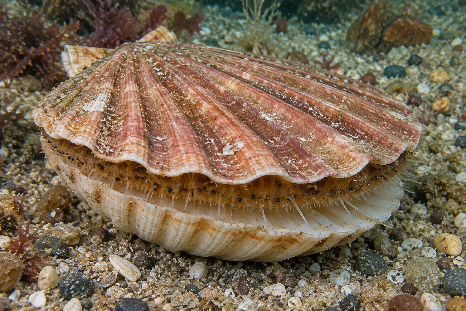 Leicht geöffnete Große Pilgermuschel mit gerippter brauner oberer und heller gewölbter unterer Schale sowie kleinen blauen Augen und Tentakeln am Mantelrand.