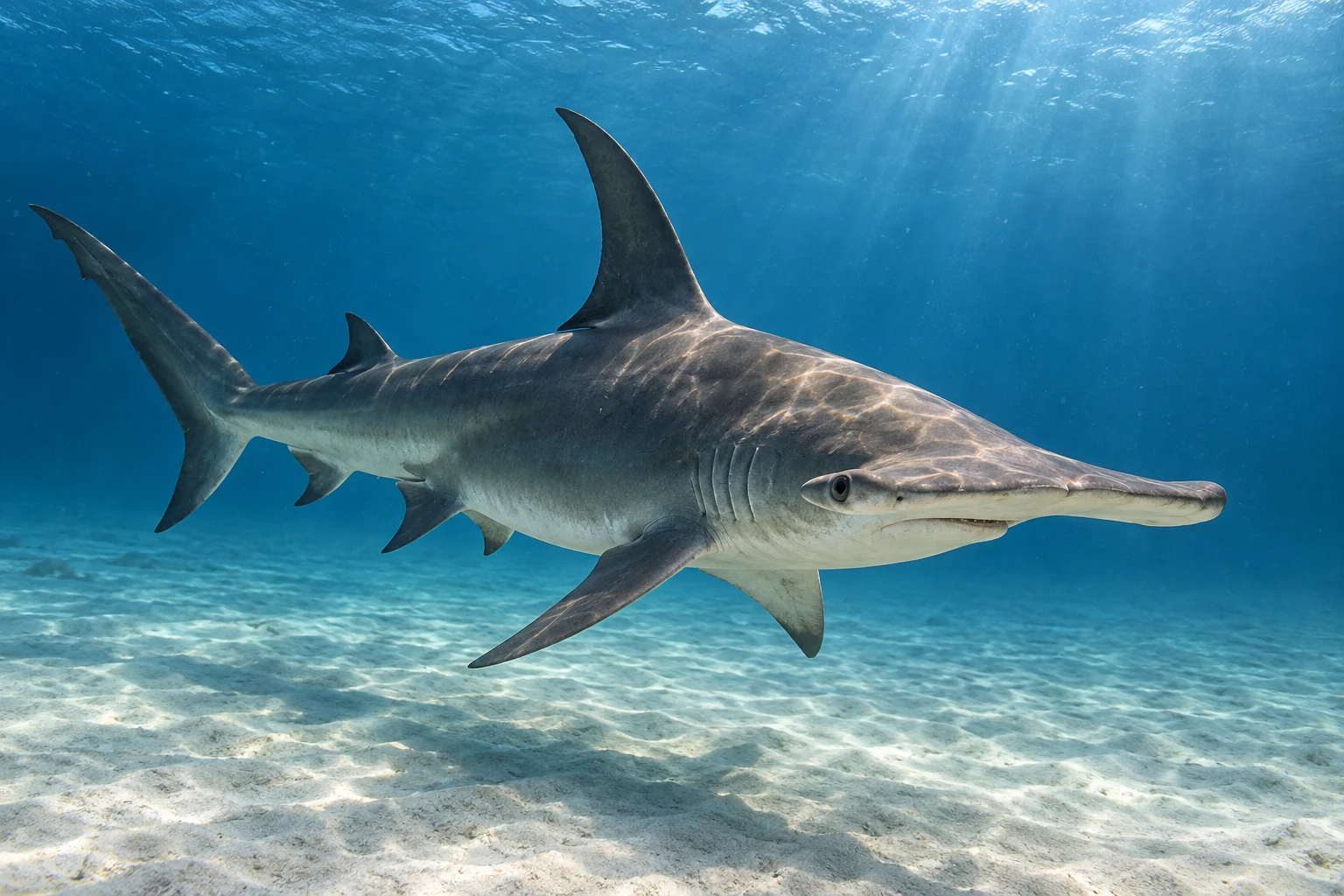 Fotorealistisch generierter Großer Hammerhai mit seitlich verbreitertem Kopf und sehr hoher gebogener Rückenflosse beim Schwimmen über einem Sandboden; der ganze Körper ist sichtbar.