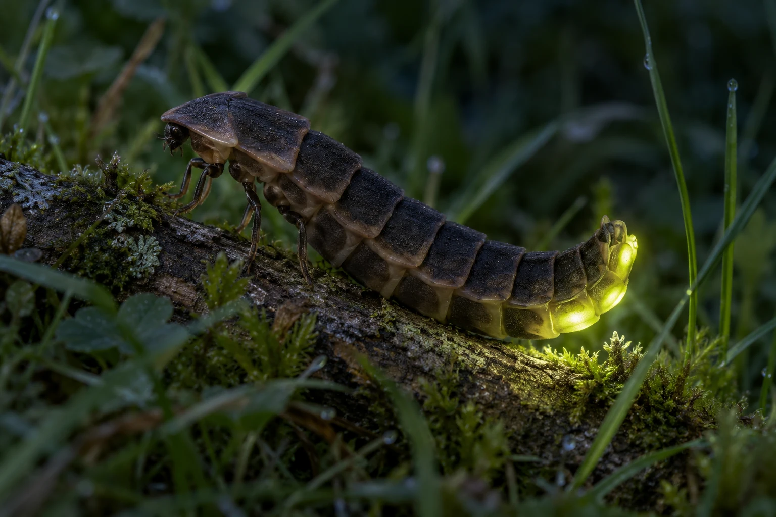 Fotorealistisch generiertes flügelloses Leuchtkäferweibchen mit dunklen Körpersegmenten und angehobener, gelbgrün leuchtender Hinterleibsunterseite auf einem kleinen Ast.
