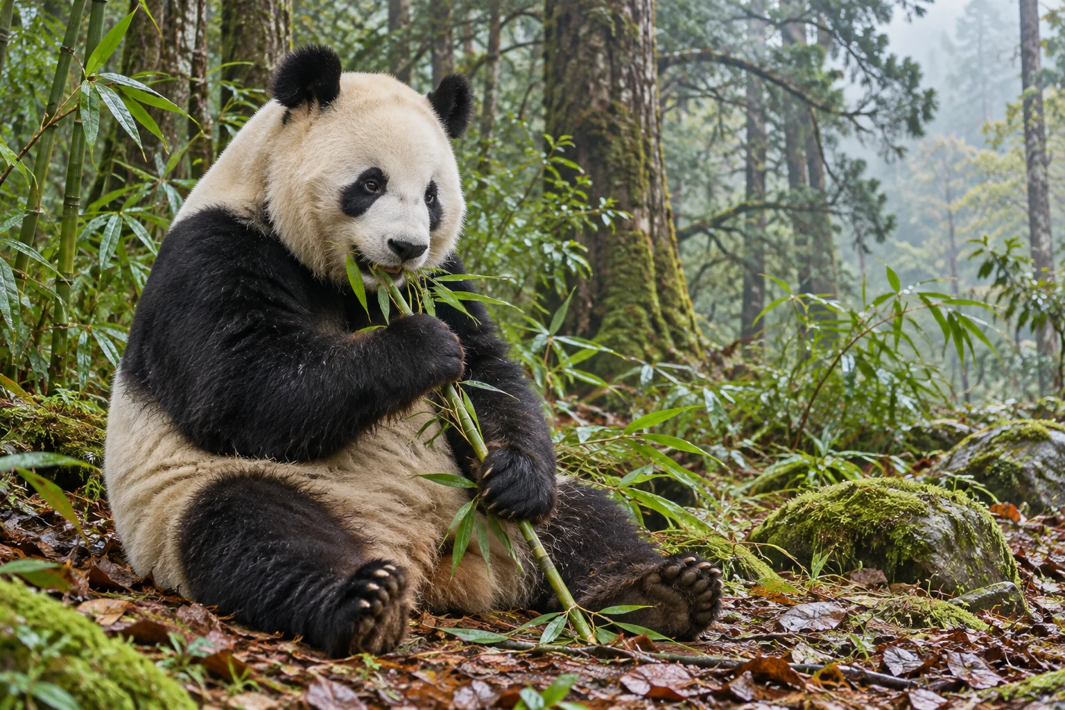 Fotorealistisch KI-generierter Großer Panda mit schwarz-weißem Fell, der auf einem Waldboden sitzend Bambus mit den Vorderpfoten hält.