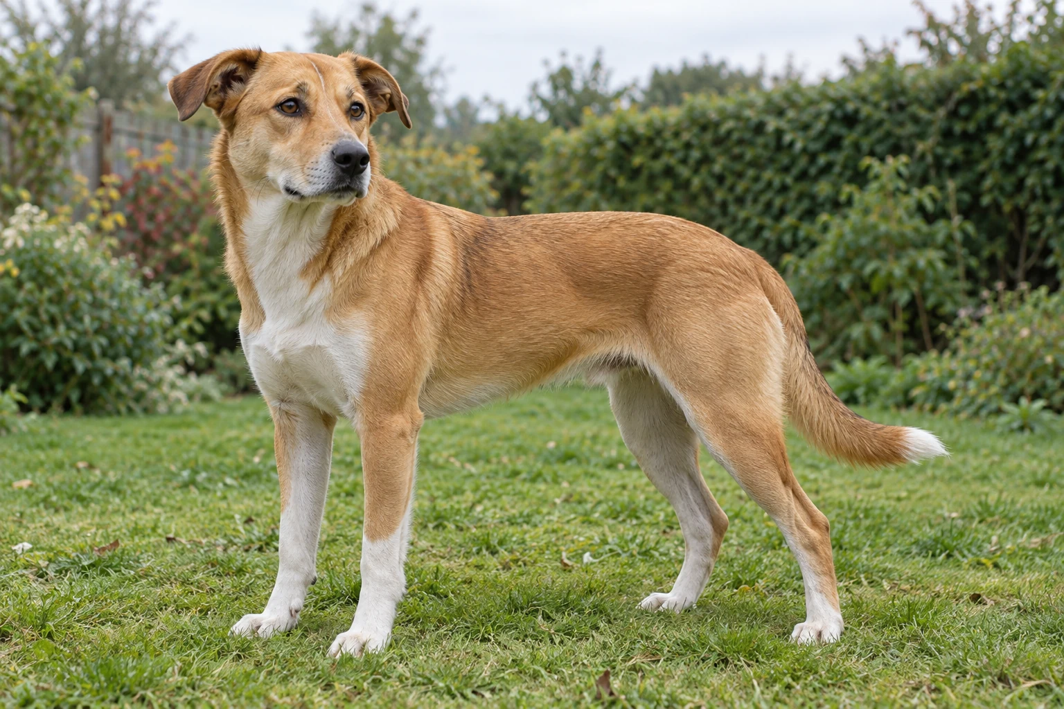 Fotorealistisch KI-generierter erwachsener Mischlingshund mit hellbraun-weißem Fell und halb hängenden Ohren in einem Garten.