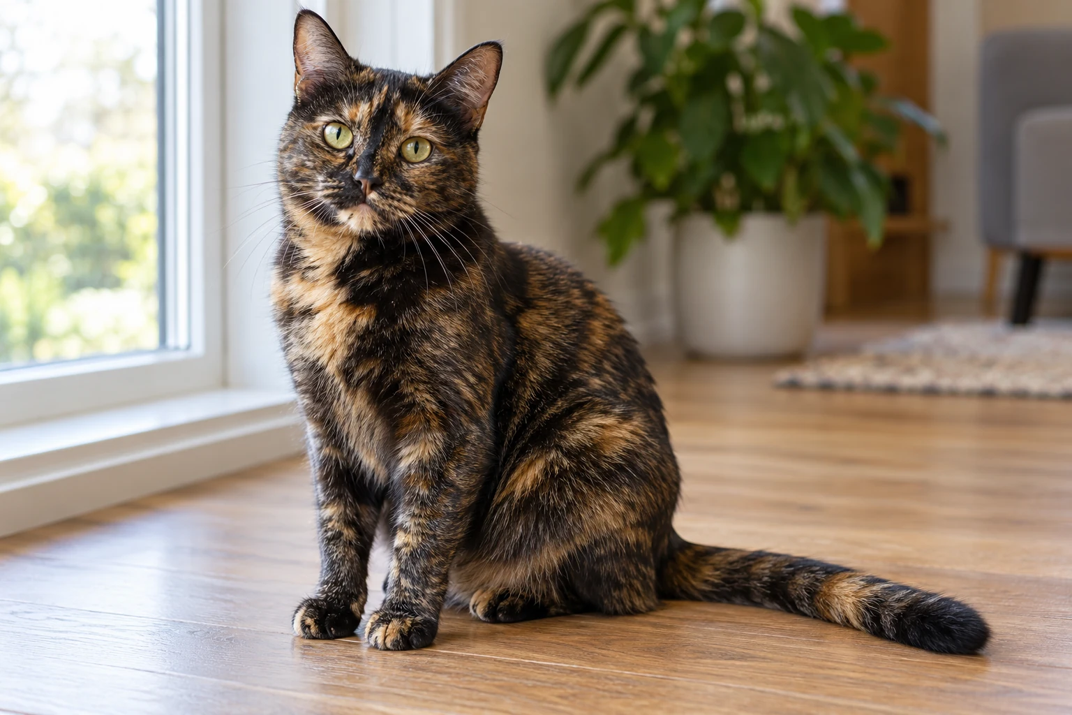 Fotorealistisch KI-generierte kurzhaarige Hauskatze mit schwarz-braunem Schildpattfell neben einem hellen Fenster.