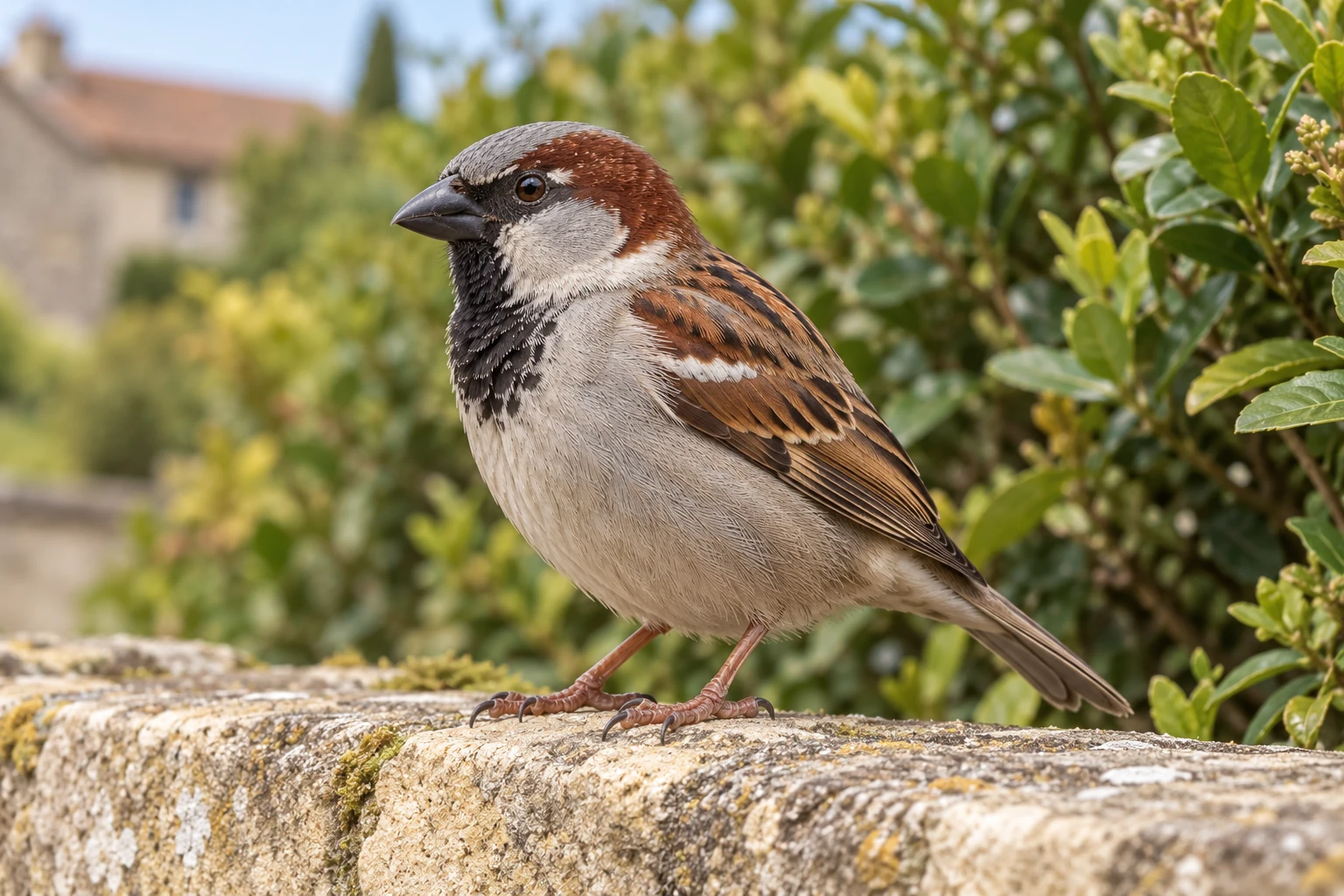 Fotorealistisch KI-generierter männlicher Haussperling mit grauer Kopfplatte, braunem Rücken und schwarzem Kehllatz auf einer niedrigen Gartenmauer.