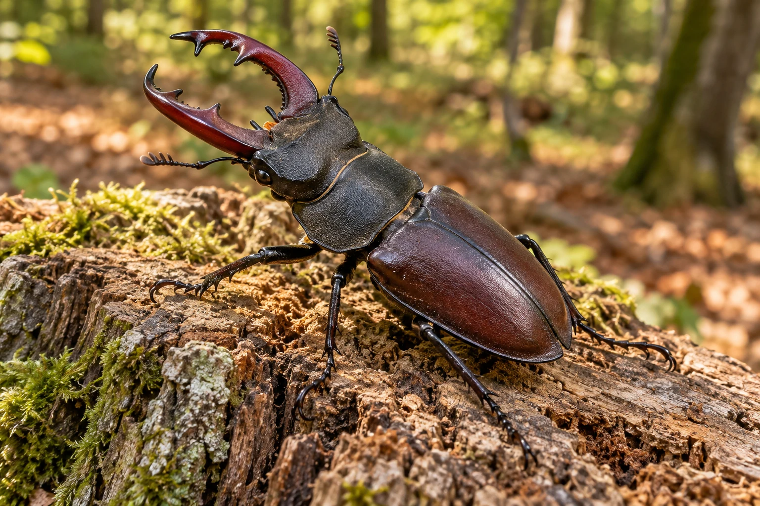 Männlicher Hirschkäfer mit zwei großen rotbraunen Oberkiefern, geknickten Fühlern und geschlossenen braunen Flügeldecken auf einem morschen Baumstumpf.